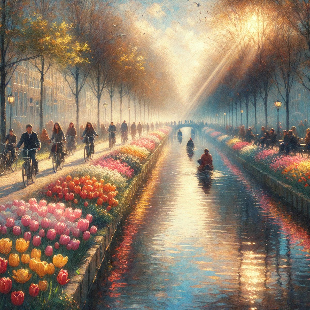 The primary subject of the image is a group of people riding bicycles down a pathway. The setting is a beautiful garden with a canal filled with flowers, creating a serene and picturesque atmosphere. The visual style is a painting, which adds a sense of artistic expression and vibrancy to the scene. The dominant colors are shades of pink and orange, which are associated with the flowers and the overall mood of the painting.
